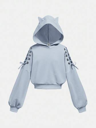 SHEIN Girlism 青少年女孩万圣节时尚街头风格耳朵连帽衫长袖抽绳休闲套头衫