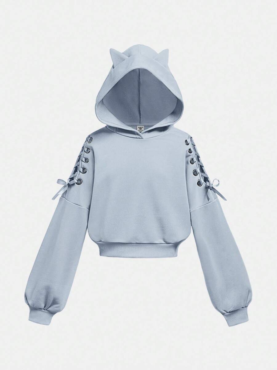 SHEIN Girlism Tween Girl Halloween Fashionable Street Style Ear Hoodie Long Sleeve Drawstring Casual Pullover Sweatshirt Bow Hoodie Cat Ear Hoodie Cute Hoodie Teen Crop Top Hoodie Fall Winter