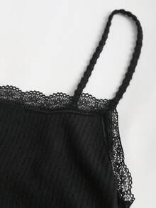 Sweetra 2 件女式休闲街头风格罗纹长袖开衫和修身褶边蕾丝吊带裙套装，黑色，保暖内衬，适合春季、秋季、冬季 - 黑色 - 查看 4