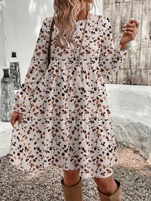 EMERY ROSE Plus Size Casual Ditsy Floral Loose Fit Round Neck Dress, Suitable For Autumn/Winter - Apricot - View 3