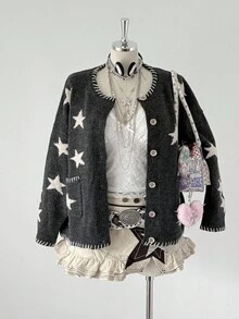 Sunspun Vintage Color Block Star Pattern Soft & Loose Crew Neck Long Sleeve Knit Cardigan Sweater, Autumn/Winter - Multicolor - View 3