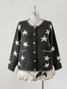 Sunspun Vintage Color Block Star Pattern Soft & Loose Crew Neck Long Sleeve Knit Cardigan Sweater, Autumn/Winter - Multicolor - View 6