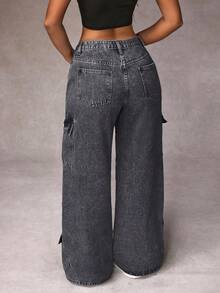 SHEIN PETITE Women's Solid Color Retro Casual Cargo Style Straight Leg Versatile Jeans - Grey - View 2