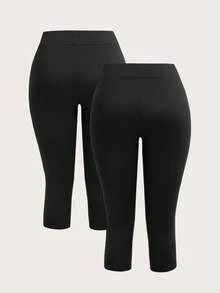 SHEIN EZwear 2条装女士黑色七分紧身休闲打底裤，适合夏季穿着 - 黑色 - 查看 2