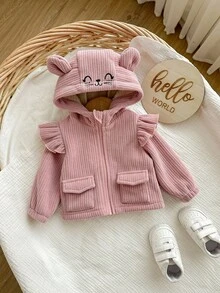 SHEIN Newborn Baby Girl Cute Casual Versatile Pink Corduroy Thermal Lined Hooded Jacket, Autumn/Winter Fall - Pink - View 4