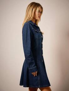 COSMINA Elastic Waist Long Sleeve Denim Dress, A-Line Midi Skirt, Casual Shirt Dress Style, Fall Dress For Women - Dark Wash - View 4