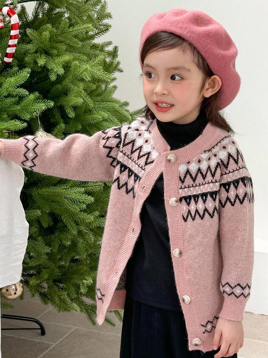 Genkimix Kids 秋冬新款韩版复古女童开衫圆领插肩袖针织花图案毛衣 - 粉色 - 查看 1
