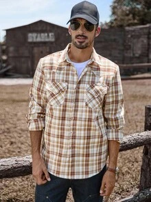 Manfinity Nomadique 男士格子单排扣工装口袋休闲长袖衬衫，秋季 - 卡其色 - 查看 4