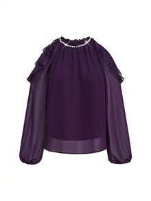 Gownix Blusa Elegante Feminina com Decote Redondo, Decoração de Pérolas, Ombros Frios, Manga Longa, Babados, Ideal para o Natal, Inverno, Outono e Inverno, Ano Novo, Ação de Graças, Festa Elegante, Vestido Elegante Feminino com Lantejoulas - Roxo - Visão 9