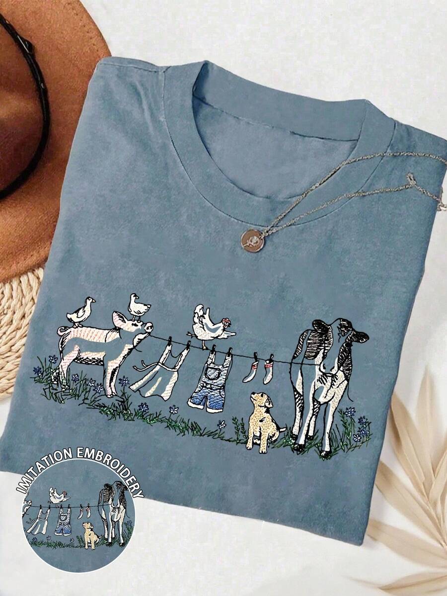 INAWLY Women's Embroidery Inspired Farm Animal Print T-Shirt (Pig, Cow, Dog) - Dusty Blue - View 1