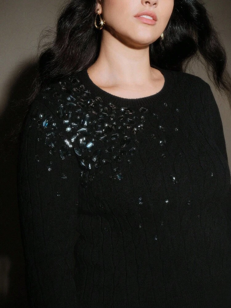 Black Asymmetrical Rhinestone Embellished Turtleneck Fitted Knit Top, Autumn/Winter