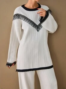 EURMUSE Conjunto casual de suéter de manga larga con hombros caídos y volantes de encaje en contraste, y pantalones de punto - Blanco - Ver 6