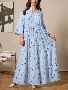 Zelara 大码秋冬女式航海休闲长袖外出超长连衣裙蓝白条纹冬季女式超长连衣裙万圣节服装女式蝴蝶结泡泡褶面料海军蓝服装超长连衣裙 - 藍白色 - 查看 4