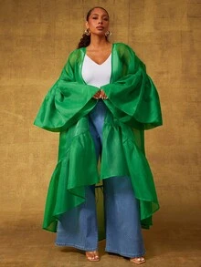 Vixey 豹纹透明欧根纱荷叶边下摆和服，女士沙滩装，夏季，波西米亚风，女士沙滩罩衫，海岛度假装 - 綠色 - 查看 4