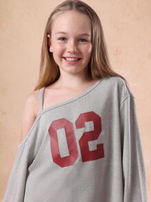 SUMWON Tween Girls Asymmetric One Shoulder Sweatshirt With Varsity Number Print And Striped Wide Leg Pants Co Ord Set For Fall Winter - Grey - View 5