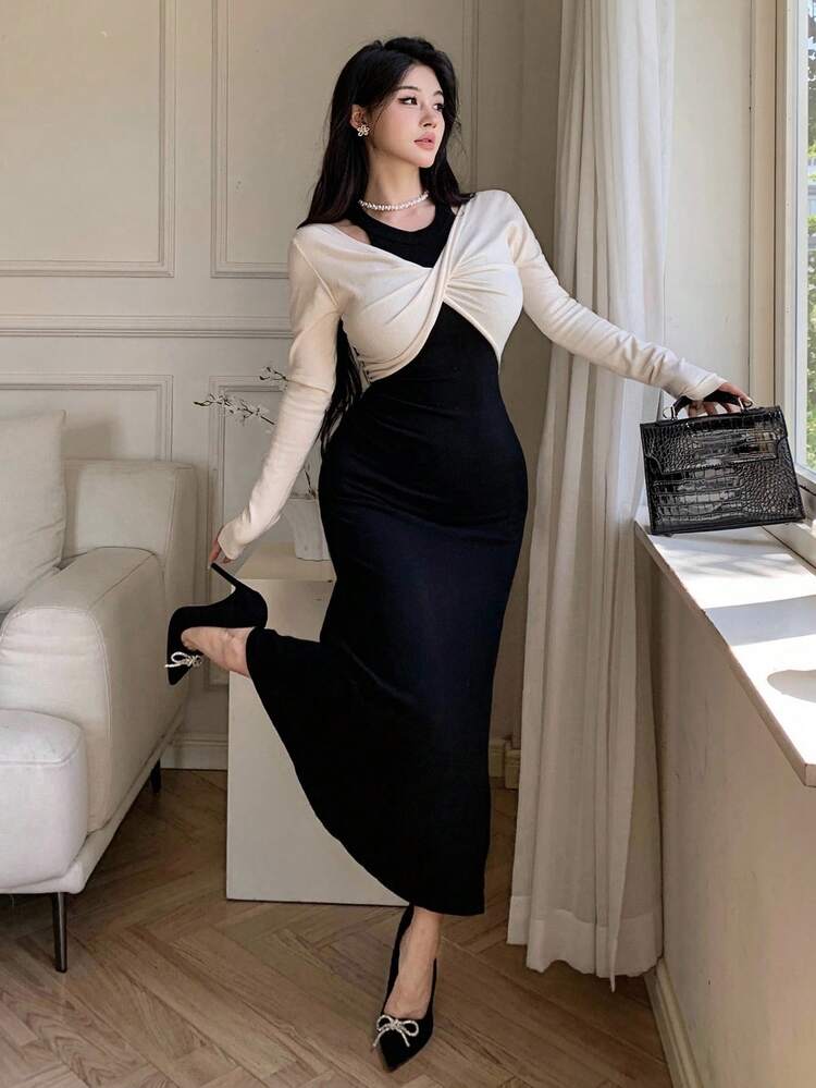 Women's Color Block Twist Design Elegant Long Sleeve Sweater Dress