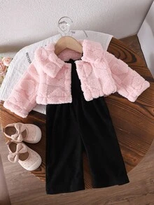 女宝宝休闲加厚抓绒格子提花连体衣套装 粉色 秋冬