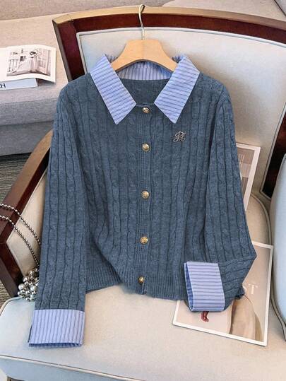 GlowEve CURVE 加大码毛衣衬衫翻领袖口纽扣开衫拼布毛衣两件套