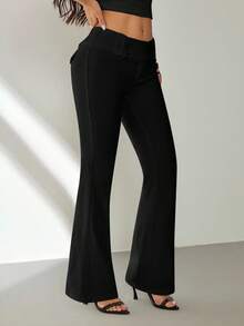 SHEIN PETITE Women's Solid Color Flare Casual Low-Waist Pants,Fall,Fall Clothes For Women - Black - View 4