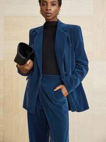 Aveloria Modichic Bộ đồ vest nhung hai hàng khuy công sở và quần ống rộng cho nữ - Màu xanh lam - Xem 2