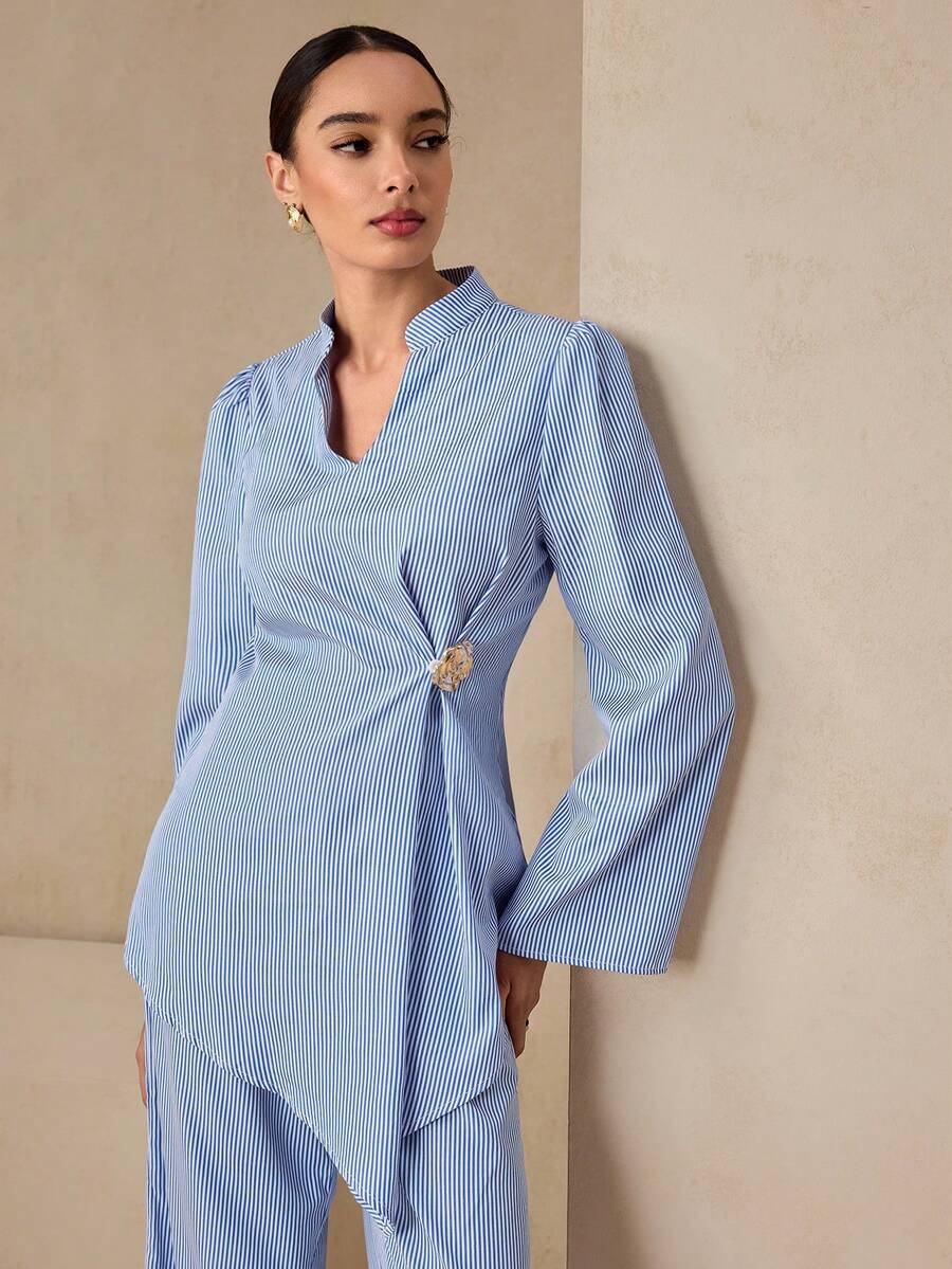 Graceveil Women's Blue & White Striped Long Sleeve Loose Casual 2 Pieces Set - Blue and White - View 1