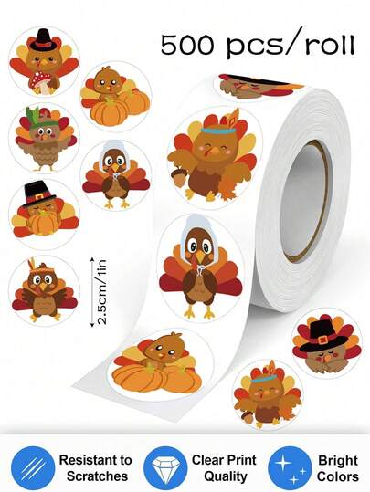 SHEIN 500pcs/Roll Thanksgiving Cartoon Turkey Doodle Stickers, Pattern Sealing Labels, DIY Gift Bag Scrapbooking Craft Supplies, Waterproof PVC Sticker Seals