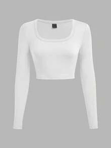 SHEIN EZwear 3pcs/Set Black, White, Wine Red Casual U-Neck Tight Cropped Long Sleeve T-Shirts, Suitable For Autumn/Winter - Multicolor - View 7
