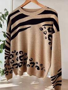GlowEve Classic Popular Versatile Round Neck Colorblock Leopard Print Pattern Loose Comfortable Casual Long Sleeve Sweater, Unique Stylish Durable Design For Women, Autumn/Winter - Khaki - View 1