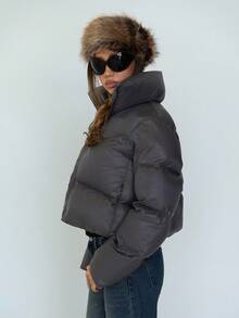 SHEIN ICON Y2k Women's Grey Fashion Versatile Solid Color Stand Collar Cropped Jacket, Padded Coat Winter - Grey - View 6
