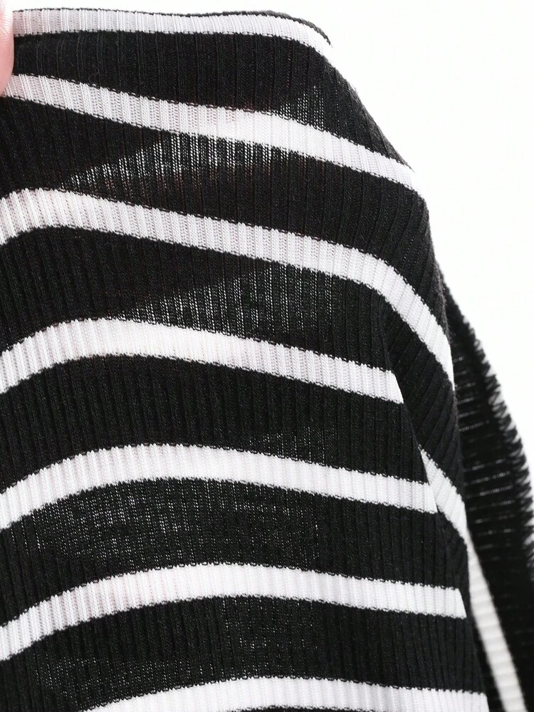 Long Sleeve Striped Printed Single Breasted Casual T-Shirt,Fall Clothes Preppy Tops