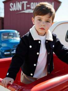 Playful Pals 男婴黑色灯芯绒纽扣前口袋仿毛领长袖夹克，休闲舒适，适合外出或休闲，百搭秋冬 - 黑色 - 查看 1