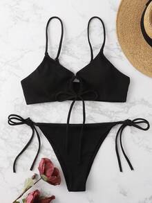 Swim Basics Summer Beach Rib Tie Side Bikini - Black - View 6