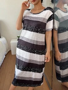 SHEIN Áo ngủ nữ tay ngắn kẻ sọc, cổ tròn, kiểu dáng mùa hè, kiểu váy ngủ Moo Moo. - Đen và trắng - Xem 3