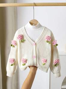 LMoss Kids Cardigan casual tricotat cu flori 3D pentru bebeluși și fetițe - alb - Vizualizare 1