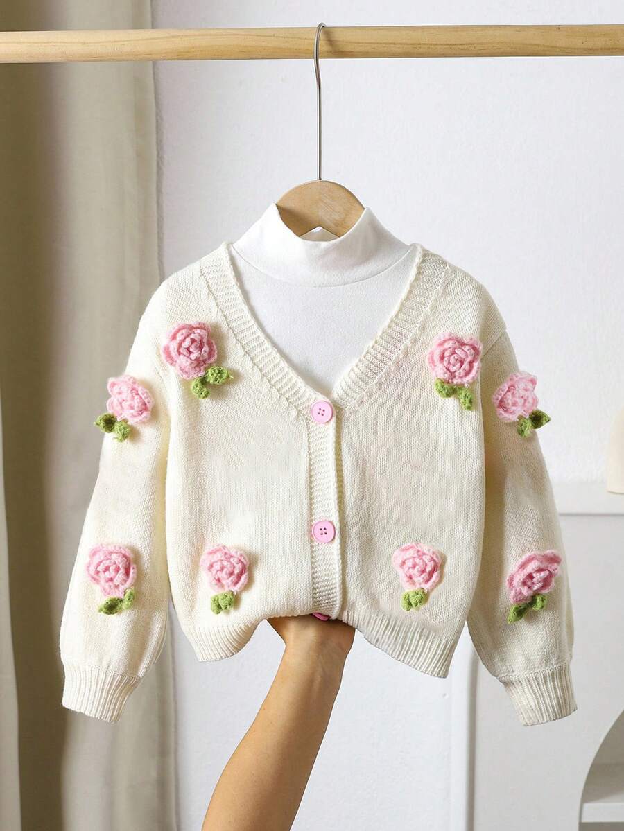 LMoss Kids Cardigan casual tricotat cu flori 3D pentru bebeluși și fetițe - alb - Vizualizare 1