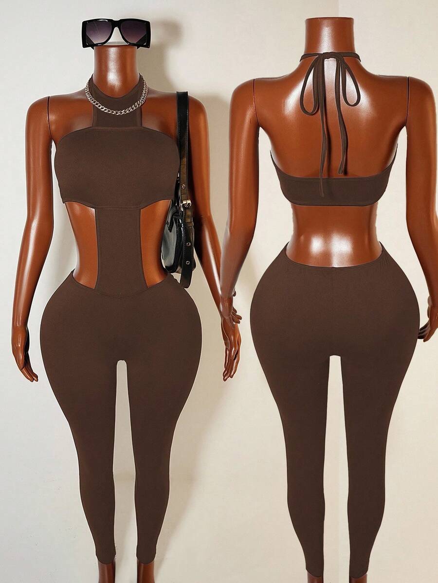Mistrie Women's Sexy Minimalist Solid Color Backless Tie-Front Bodysuit, Summer - Brown - View 1