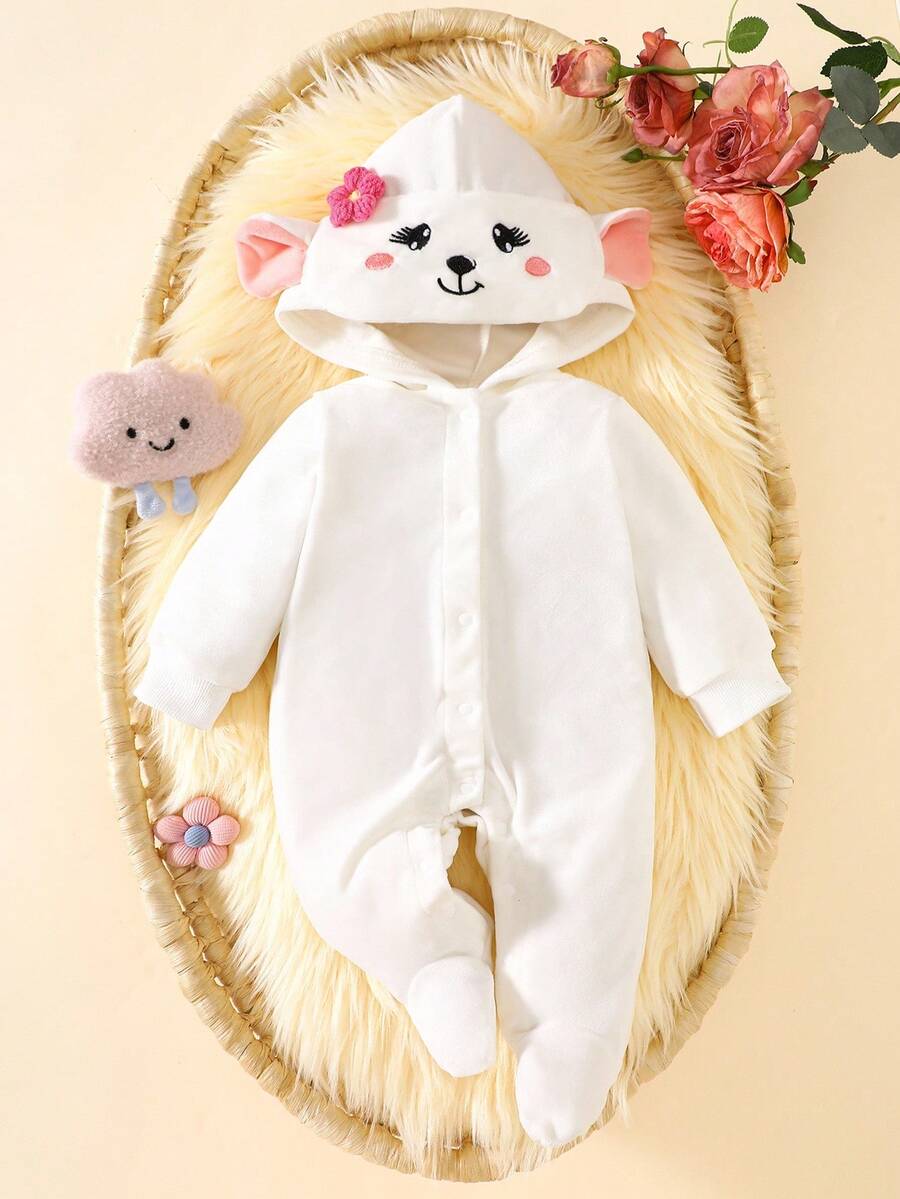 SHEIN 新生儿超可爱小羊羔连体衣，蓬松面料，可爱的小羊羔连体衣，蓬松质感，花朵装饰+可爱配饰，女婴装扮看起来像一只行走的小羊羔 - 白色 - 查看 1