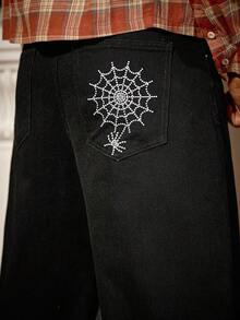 Manfinity Homme 男士美式街头风格破洞牛仔裤，蜘蛛刺绣朋克常规水洗图案黑色宽松迪斯科街头破洞牛仔裤，垃圾摇滚 - 黑色 - 查看 2