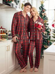 2pcs Christmas Plaid Comfortable Family Matching Pajama Set, Long Sleeve Top And Pants, Button-Up, Suitable For Loungewear And Outerwear, Men, Fall Winter Clothes