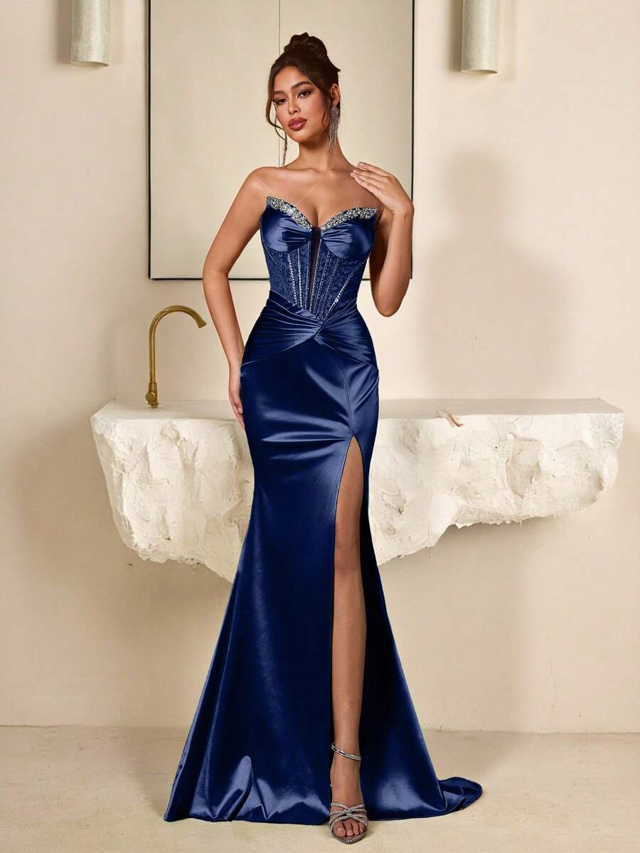 Glamrae 优雅奢华钻石链蕾丝拼布弹力缎面褶饰性感开衩鱼尾裙，带拖尾，适合婚礼、派对、度假、舞会、正式场合（重型） - 藏蓝色 - 查看 1