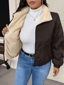 SHEIN Frenchy Damen Große Größen Warmer Langarm Lässig Gefütterte Mantel für den Winter - Kaffeebraun - Übersicht 1