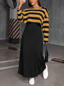 SHEIN Essnce 大码女装秋冬时尚休闲日常舒适黑白条纹长袖宽松T恤和黑色背心长裙两件套，曲线套装，连衣裙套装，女士街头服饰，春装，女士机场装，大学生装 - 彩色 - 查看 6