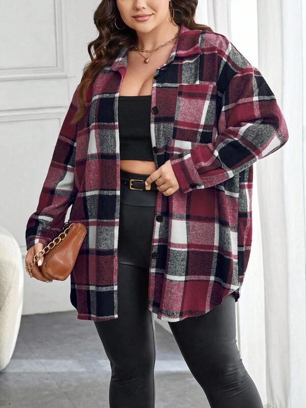Shapeblank Plus Size Women's Drop Shoulder Plaid Long Sleeve Button Front Casual Loose Blouse/Fall/Winter