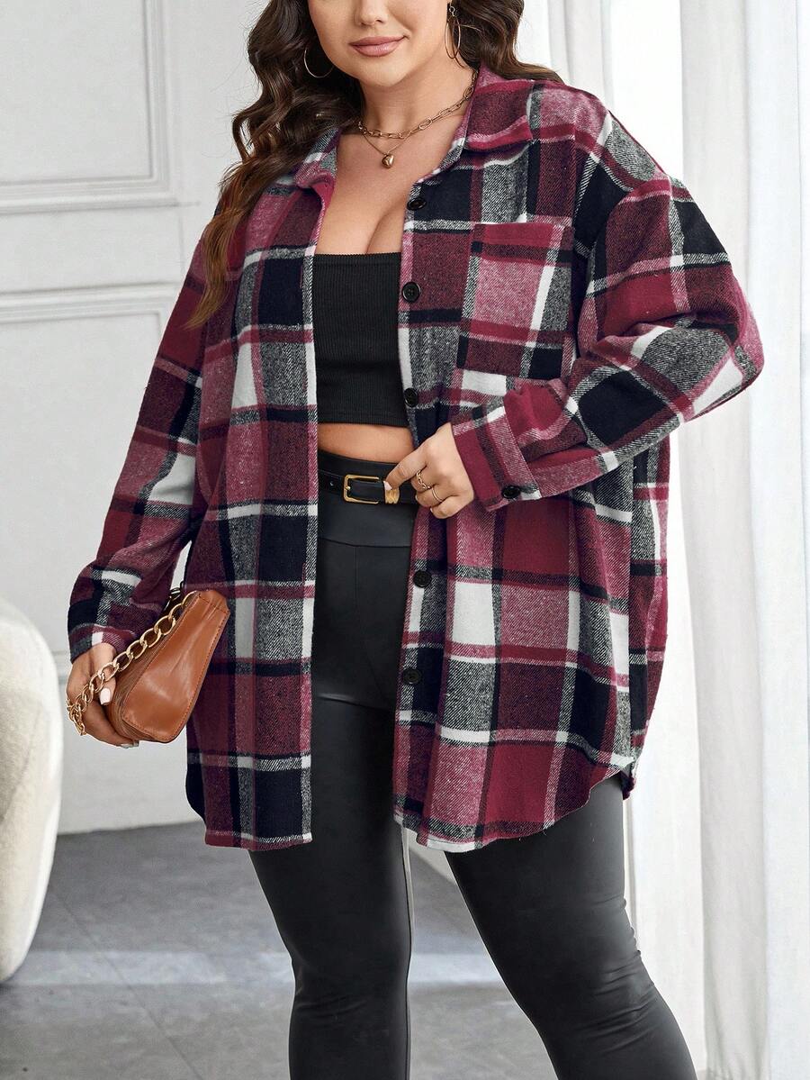 SHEIN Essnce 大码女式落肩格子长袖纽扣前开襟休闲宽松衬衫 - 中紫紅色 - 查看 1