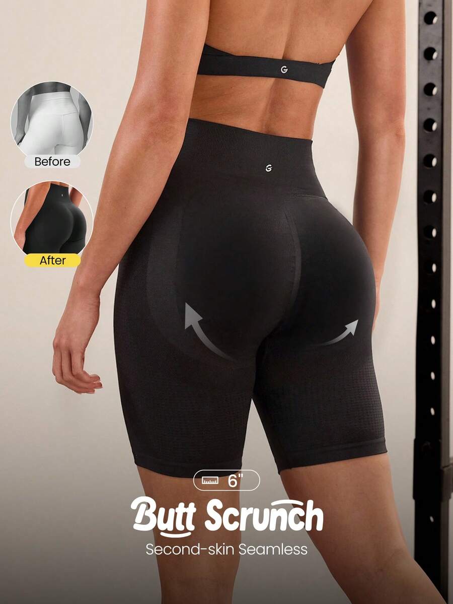 GLOWMODE Quần short biker cạp cao co giãn thấm mồ hôi không đường may 6 inch kiểm soát bụng không đường may phía trước quần bó mông cạp cao quần chạy bộ tập luyện tác động trung bình phòng tập thể dục mặc hàng ngày - màu đen - Xem 1