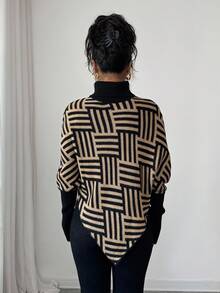 Elenzga Women's Elegant High Neck Geometric Textured Poncho Sweater, Colorblock, Suitable For Home & Travel, Spring/Autumn - Black - View 2