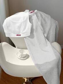 Comfortcana 2 pezzi/set Top a canotta con stampa di lettere e pantaloni a blocchi di colore a contrasto, crema e giallo, adatto per vacanze estive - Grigio - Visualizzare 5