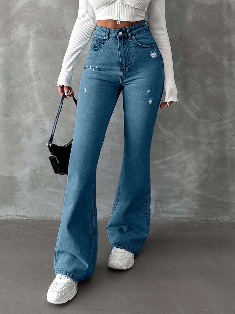 EURMUSE 98%Cotton Zipper Fly Distressed Bell Bottom Jeans - Blue - View 1