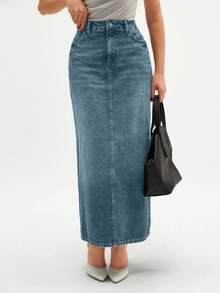 CLARA VERO Women's Solid Color Pocket Elegant Fashion Straight Denim Skirt - Baby Blue - View 6