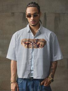 AXEPEAK 休闲街头时尚复古格子印花男士短袖衬衫 - 黑與白 - 查看 3